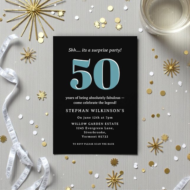 Modern Teal black Typography 50th Surprise Party Invitation (Creator Uploaded)