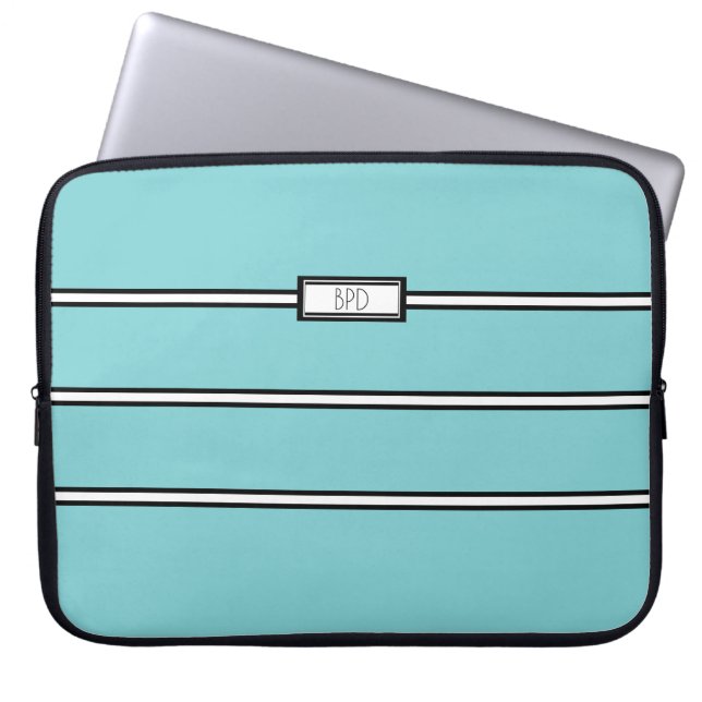 Modern Teal Black White Monogrammed Initials Laptop Sleeve (Front)