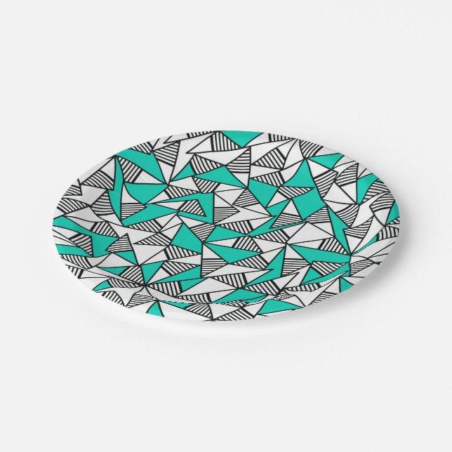 Modern Teal, Black, & White Striped Triangles Paper Plate (Angled)