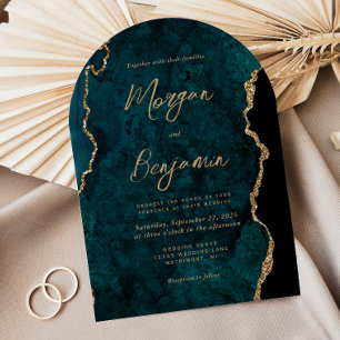 Modern Teal Blue Agate Script Arch Wedding Invitation