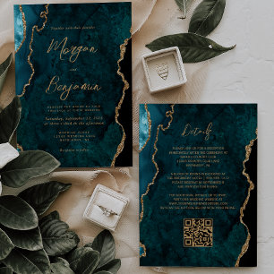 Modern Teal Blue Agate Script QR Code Wedding Invitation