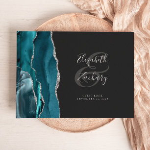 Modern Teal Blue Agate Silver Script Dark Guest Book
