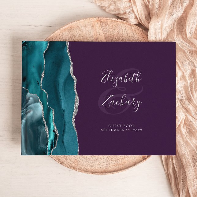Modern Teal Blue Agate Silver Script Purple Guest Book (Creator Uploaded)