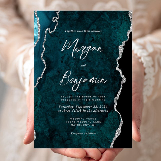Modern Teal Blue Agate Silver Script Wedding Invitation (Creator Uploaded)