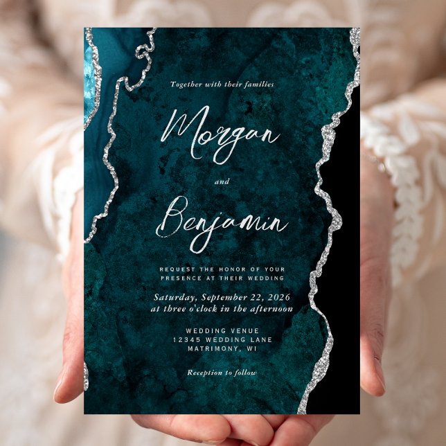 Modern Teal Blue Agate Silver Script Wedding Invitation (Creator Uploaded)