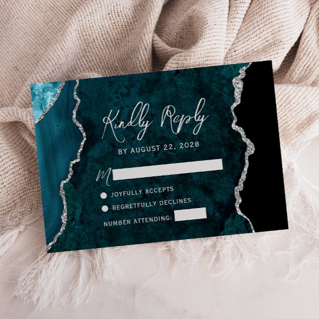 Modern Teal Blue Agate Silver Script Wedding RSVP (Creator Uploaded)