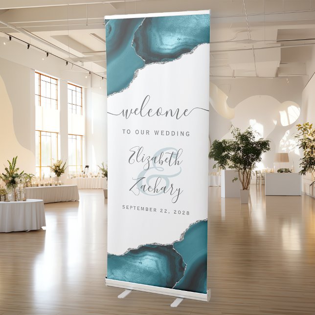 Modern Teal Blue Agate Silver Wedding Welcome Retractable Banner (Creator Uploaded)