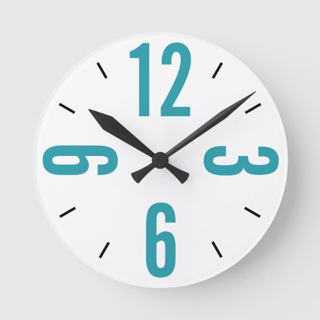 Modern teal blue and black large numbers round clock (Front)