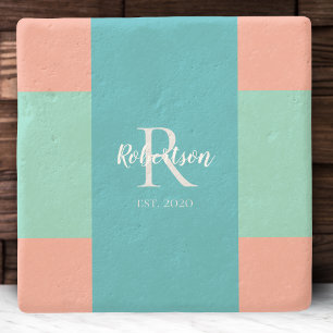 Modern Teal, Blue, and Coral Pink Family Monogram Stone Coaster
