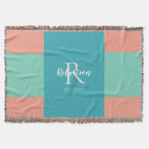 Modern Teal, Blue, and Coral Pink Family Monogram Throw Blanket