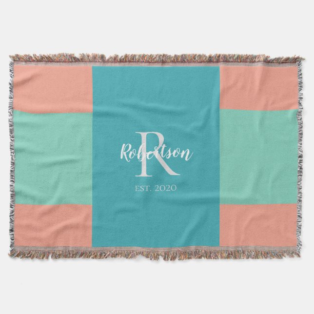 Modern Teal, Blue, and Coral Pink Family Monogram Throw Blanket (Front)