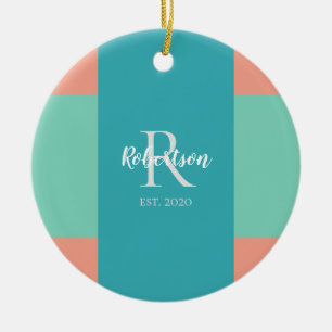 Modern Teal, Blue, and Pink Monogram Christmas Ceramic Tree Decoration