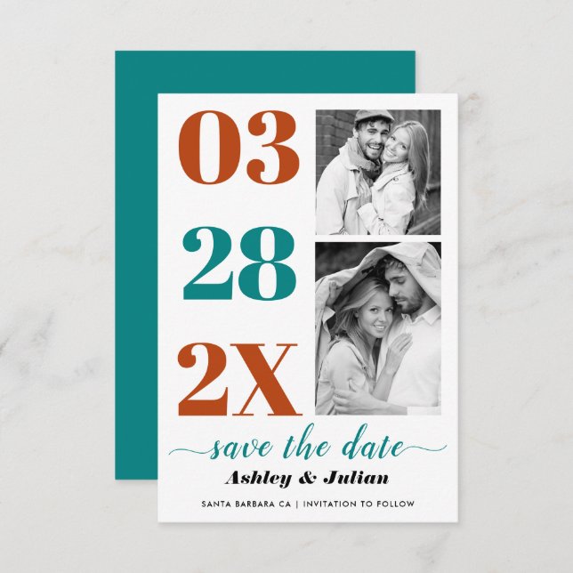 Modern teal blue and rust typography two photo save the date (Front/Back)