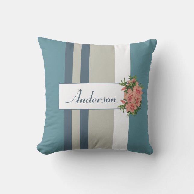 Modern Teal Blue and Tan Striped Floral Cushion (Front)