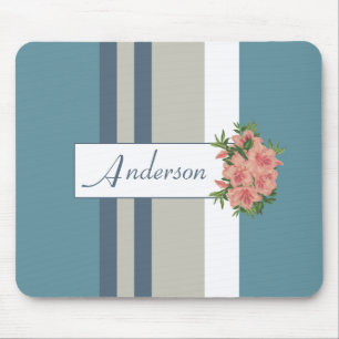 Modern Teal Blue and Tan Striped Floral Mouse Mat
