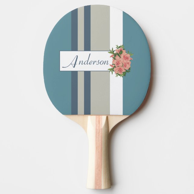Modern Teal Blue and Tan Striped Floral Ping Pong Paddle (Front)