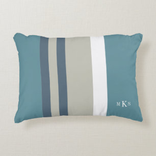Modern Teal Blue and Tan Striped Personalised Decorative Cushion
