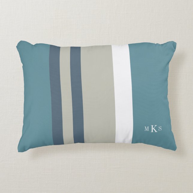 Modern Teal Blue and Tan Striped Personalised Decorative Cushion (Front)