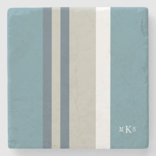 Modern Teal Blue and Tan Striped Personalised Stone Coaster
