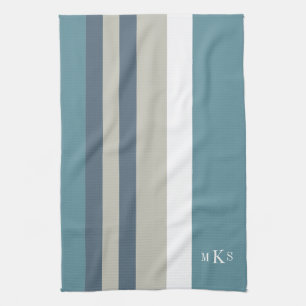 Modern Teal Blue and Tan Striped Personalised Tea Towel