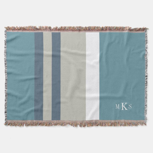 Modern Teal Blue and Tan Striped Personalised Throw Blanket (Front)