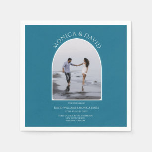 Modern Teal Blue Arch Photo Minimalist Wedding Napkin