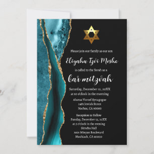 Modern Teal Blue Black and Gold Bar Mitzvah Invitation