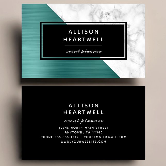 Modern Teal Blue Brushed Metal White Marble Black Business Card (Creator Uploaded)