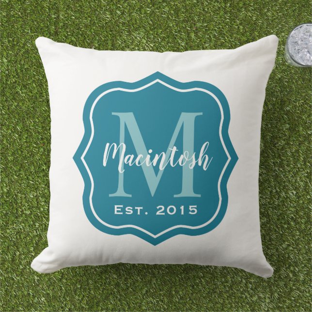 Modern Teal Blue Family Monogram Letter Welcome Cushion (Grass)