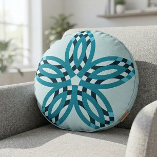 Modern Teal Blue Geometric Star Flower Custom Round Cushion