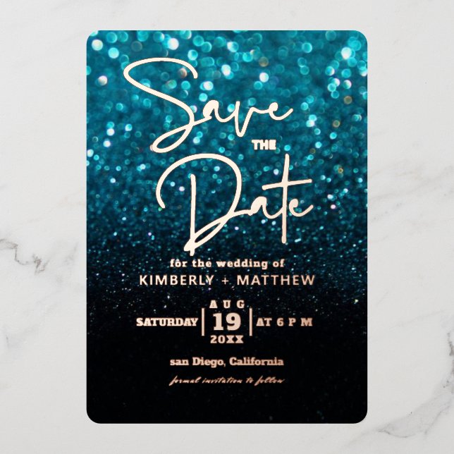 modern Teal Blue Glitter Save the date wedding Foi (Front)