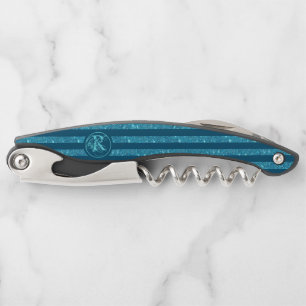 Modern Teal Blue Glitter Striped Monogram Corkscrew