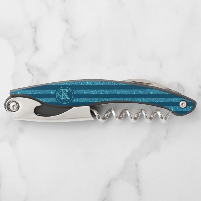 Modern Teal Blue Glitter Striped Monogram Corkscrew (Front)