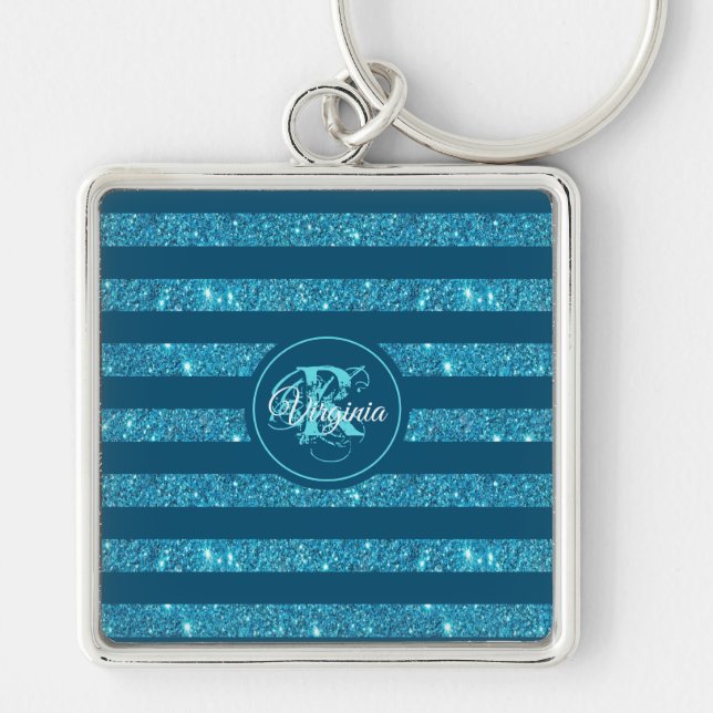 Modern Teal Blue Glitter Striped Monogram Key Ring (Front)