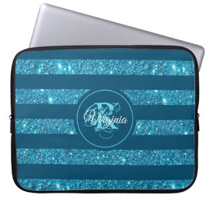 Modern Teal Blue Glitter Striped Monogram Laptop Sleeve