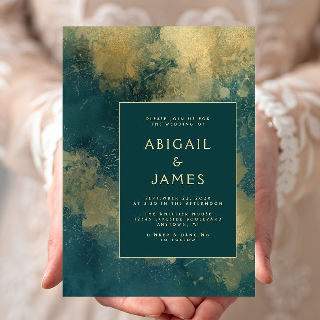 Modern Teal Blue Gold Abstract Wedding Invitation (Creator Uploaded)
