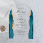 Modern Teal Blue Gold Agate Arch Wedding Acrylic Invitations<br><div class="desc">This elegant arch-shaped modern wedding invitation features teal blue watercolor agate side borders trimmed with faux gold glitter. The customisable text combines handwriting,  copperplate and italic fonts in charcoal grey on a clear background.</div>