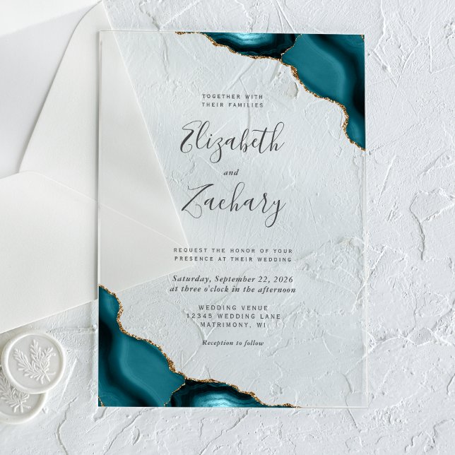 Modern Teal Blue Gold Agate Corners Wedding Acrylic Invitations (Creator Uploaded)