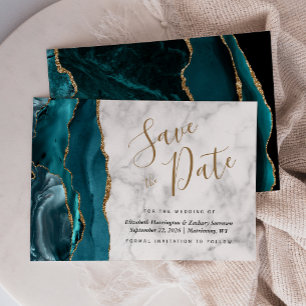 Modern Teal Blue Gold Agate Marble Save the Date Invitation