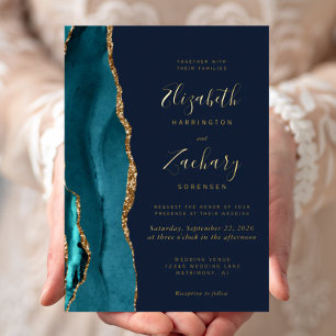 Modern Teal Blue Gold Agate Navy Blue Wedding