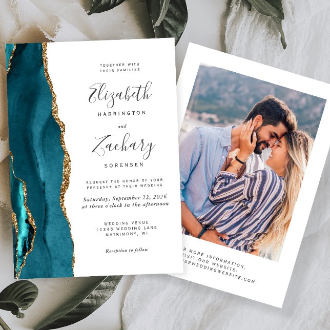 Modern Teal Blue Gold Agate Photo Wedding Invitation (Creator Uploaded)