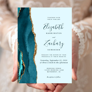 Modern Teal Blue Gold Agate Wedding Invitation
