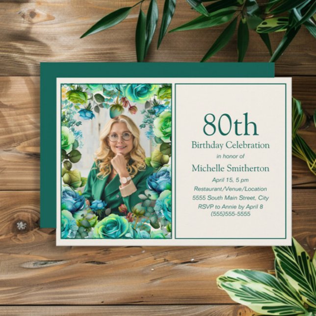 Modern Teal Blue Green Flowers 80th Birthday Photo Invitation (Blue and green watercolor floral photo birthday party invitation)