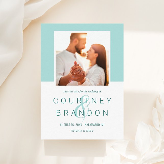Modern Teal Blue Green Monogram Wedding Photo Save The Date (Creator Uploaded)