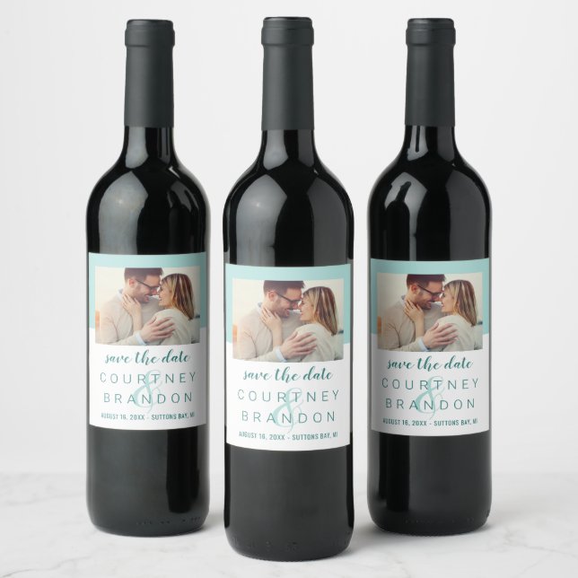 Modern Teal Blue Green Wedding Photo Save the Date Wine Label (Bottles)