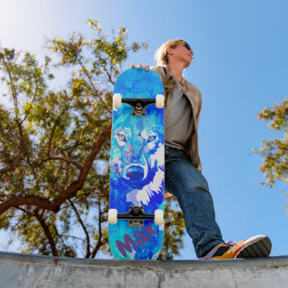 Modern teal blue green white watercolor wolf skateboard