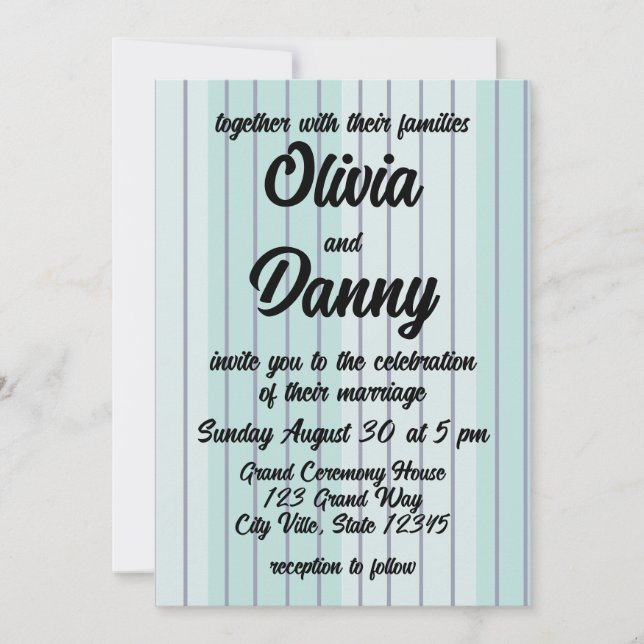 Modern Teal Blue Grey Stripes Beach Wedding Invitation (Front)