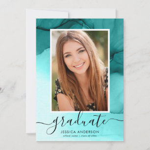 Modern Teal Blue Ink Graduation Party Photo Invitation