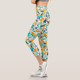 Modern teal blue orange floral watercolor pattern capri leggings