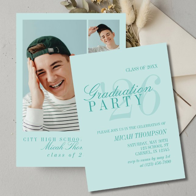 Modern Teal Blue Photo Graduation Party Invitation (Modern Teal Blue Photo Graduation Party Invitation)